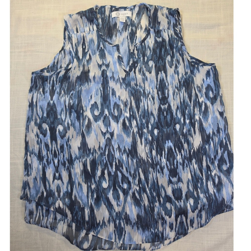 Cristina B Womens Blue White Abstract Ikat Chiffon Sleeveless Blouse Large